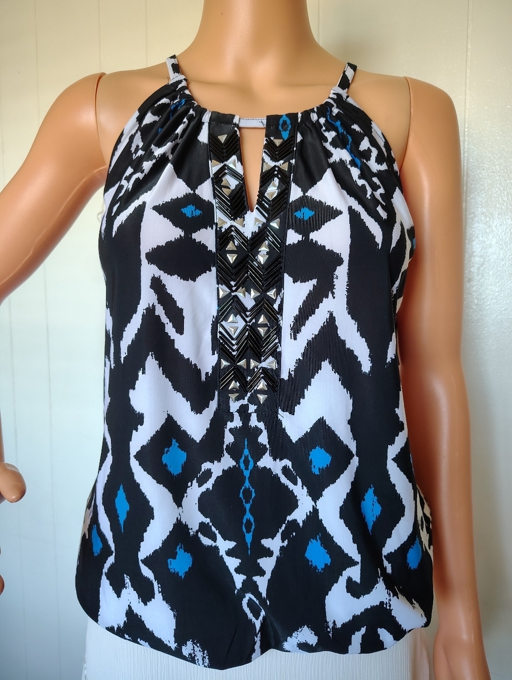 INC International Concepts Black & White Geometric Halter Tank with Blue Accents